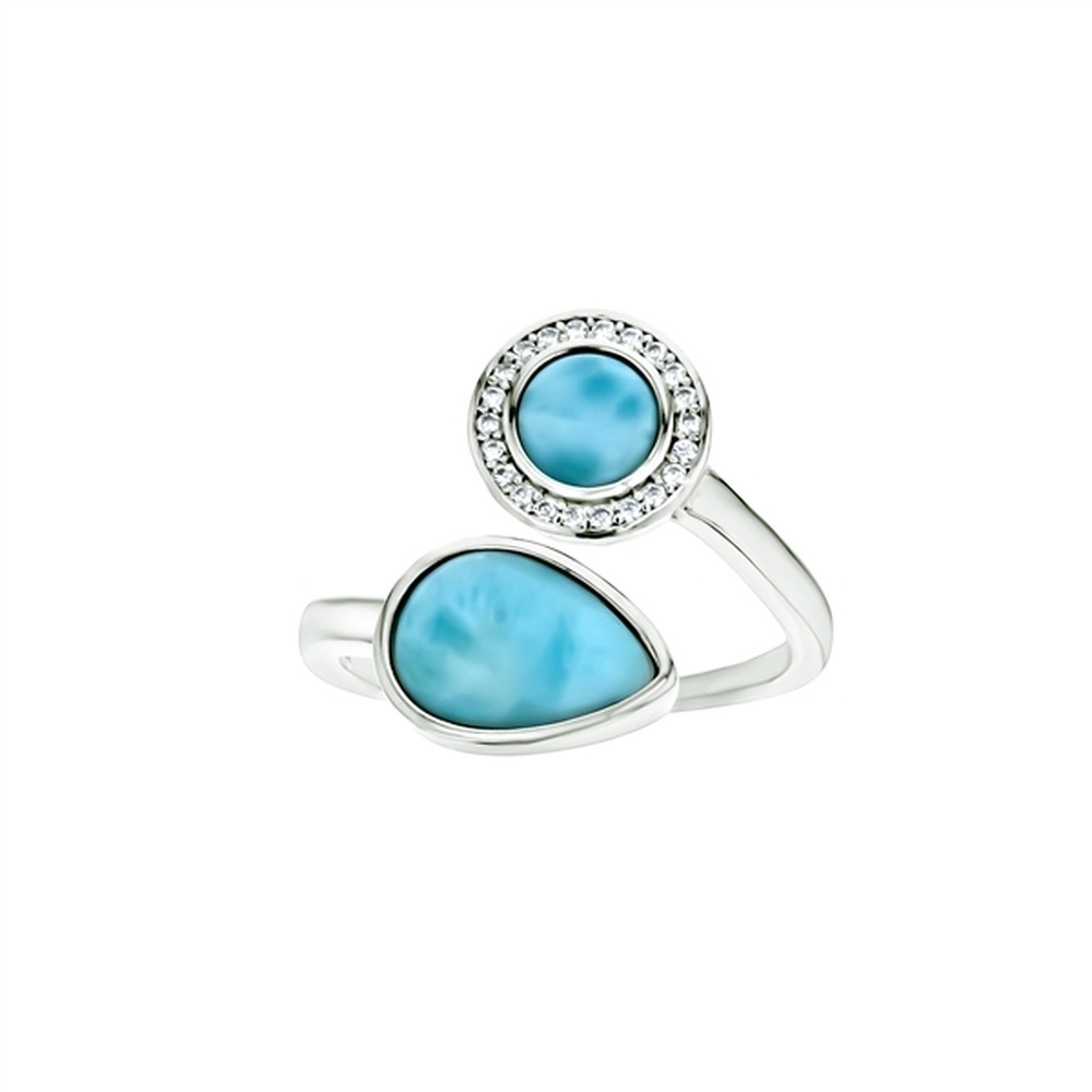 925 Sterling Silver Larimar Pear Shape & Round Halo CZ Open Crossover Ring